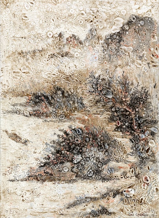 Chenlin Cai, Boat returning in a Rainstorm  2018, Oil on transparent plexiglass, 31.5 x 23.2 inches 80 x 59